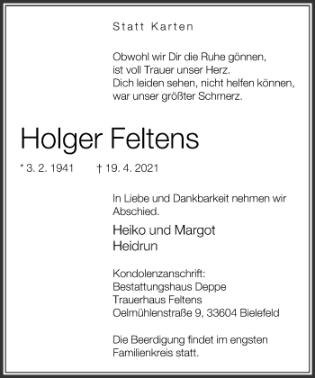 Traueranzeige von Holger Feltens von Neue Westfälische