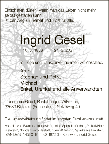 Traueranzeige von Ingrid Gesel von Neue Westfälische