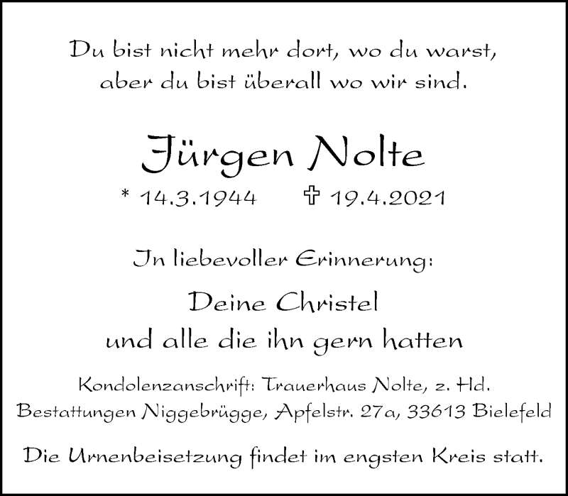  Traueranzeige für Jürgen Nolte vom 24.04.2021 aus Neue Westfälische