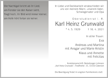 Traueranzeige von Karl Heinz Grunwald von Neue Westfälische