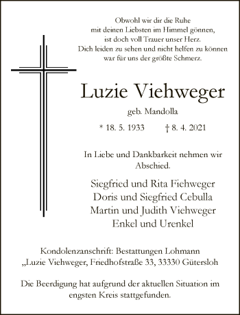 Traueranzeige von Luzie Viehweger von Neue Westfälische