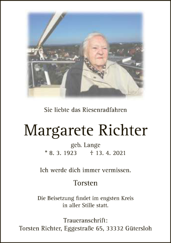 Traueranzeige von Margarete Richter von Neue Westfälische
