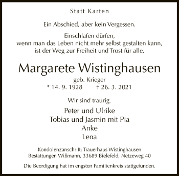 Traueranzeige von Margarete Wistinghausen von Neue Westfälische