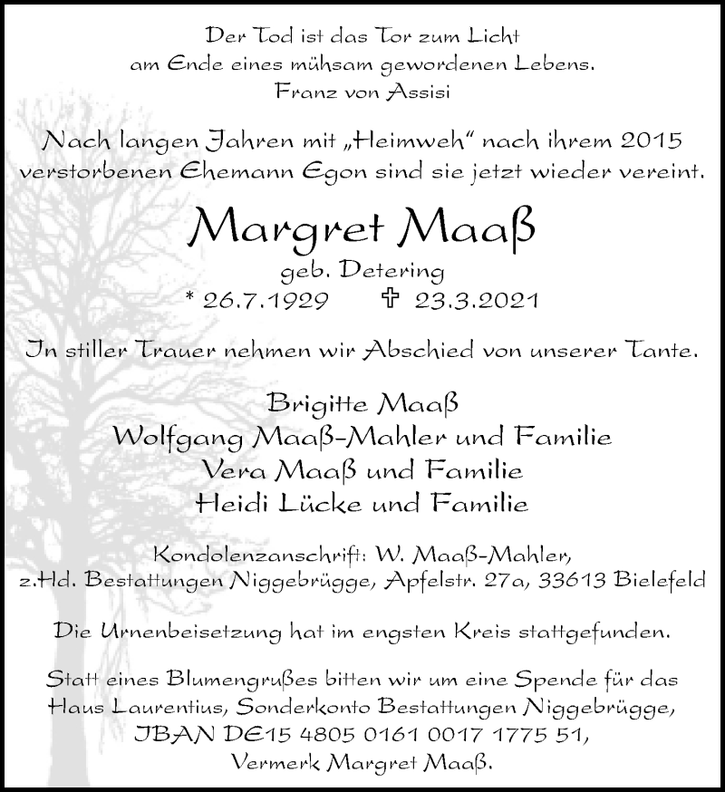  Traueranzeige für Margret Maaß vom 10.04.2021 aus Neue Westfälische
