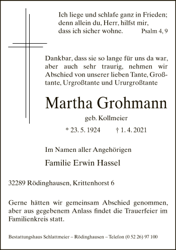 Traueranzeige von Martha Grohmann von Neue Westfälische