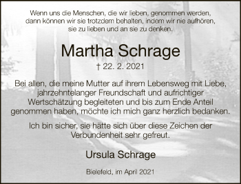 Traueranzeige von Martha Schrage von Neue Westfälische