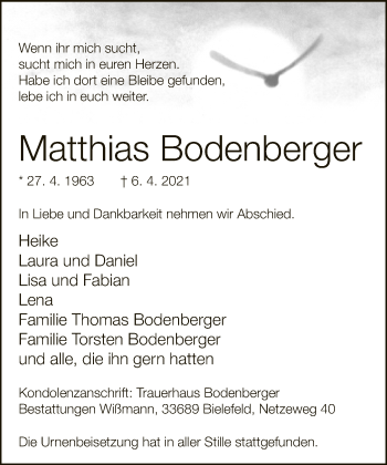 Traueranzeige von Matthias Bodenberger von Neue Westfälische
