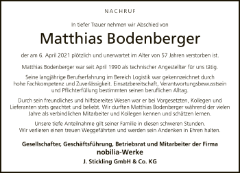 Traueranzeige von Matthias Bodenberger von Neue Westfälische
