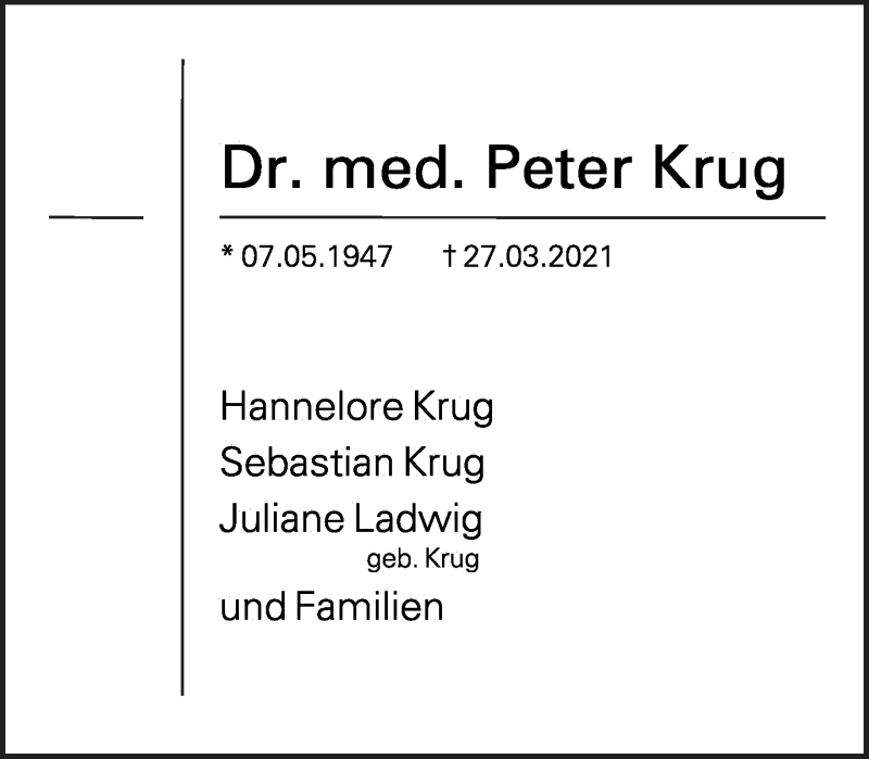  Traueranzeige für Peter Krug vom 10.04.2021 aus Neue Westfälische