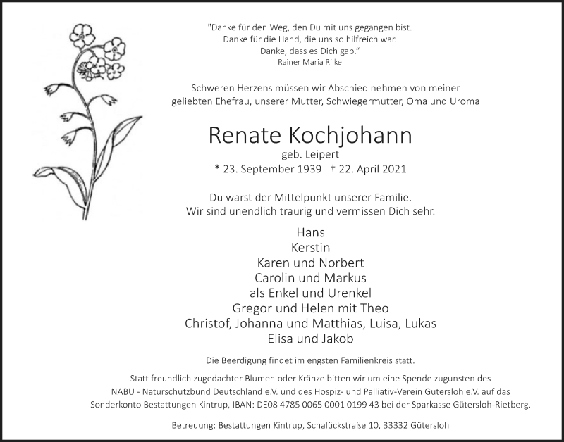  Traueranzeige für Renate Kochjohann vom 24.04.2021 aus Neue Westfälische