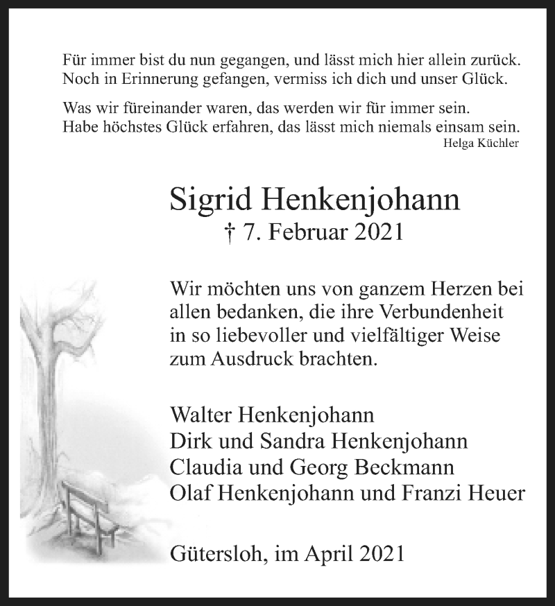  Traueranzeige für Sigrid Henkenjohann vom 02.04.2021 aus Neue Westfälische