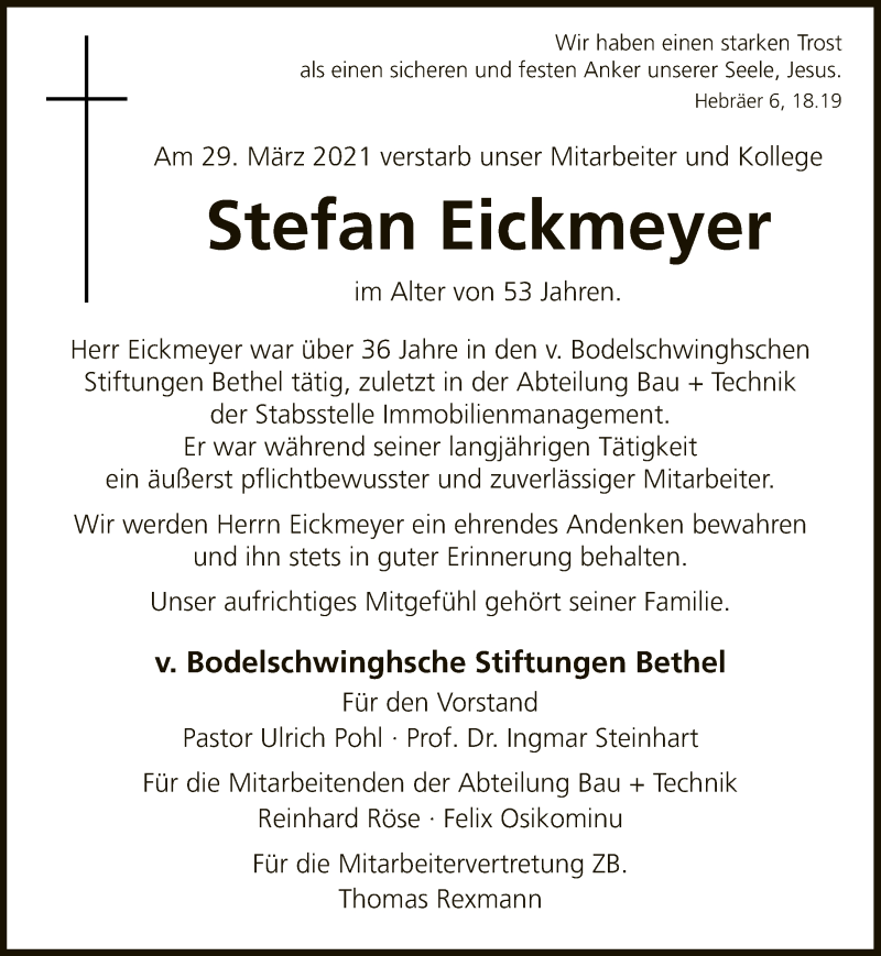  Traueranzeige für Stefan Eickmeyer vom 10.04.2021 aus Neue Westfälische