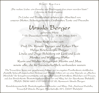 Traueranzeige von Ursula Berger von Neue Westfälische
