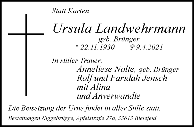  Traueranzeige für Ursula Landwehrmann vom 17.04.2021 aus Neue Westfälische
