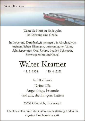 Traueranzeige von Walter Kramer von Neue Westfälische