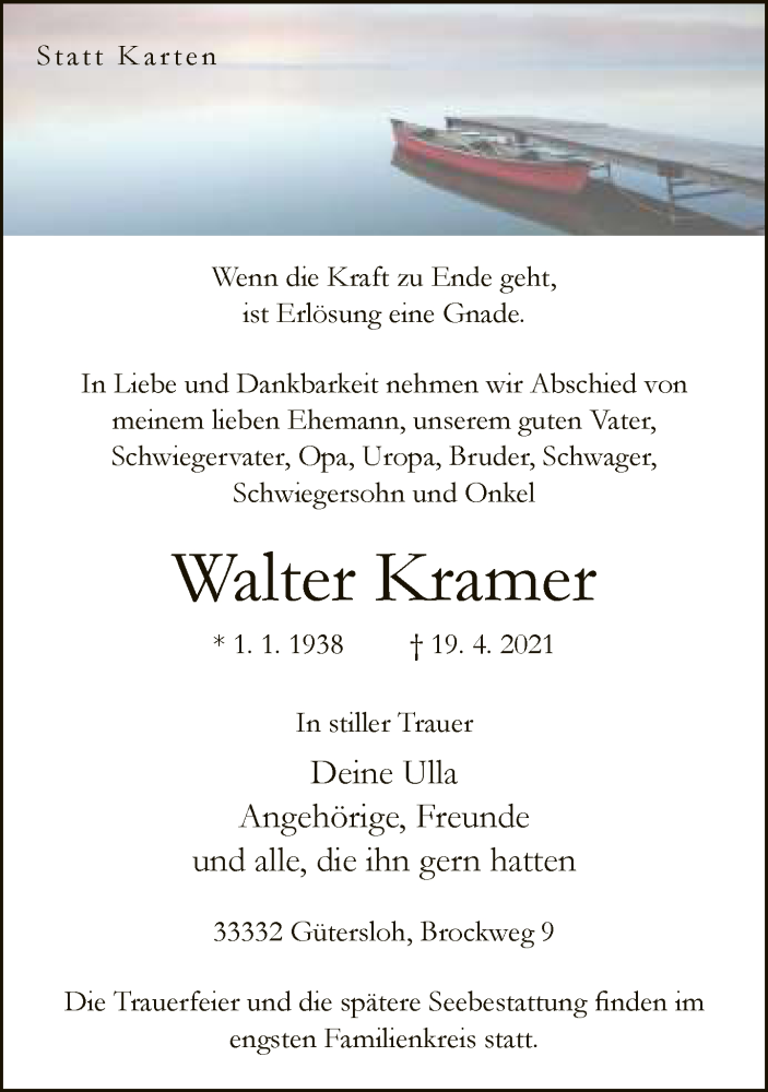  Traueranzeige für Walter Kramer vom 21.04.2021 aus Neue Westfälische