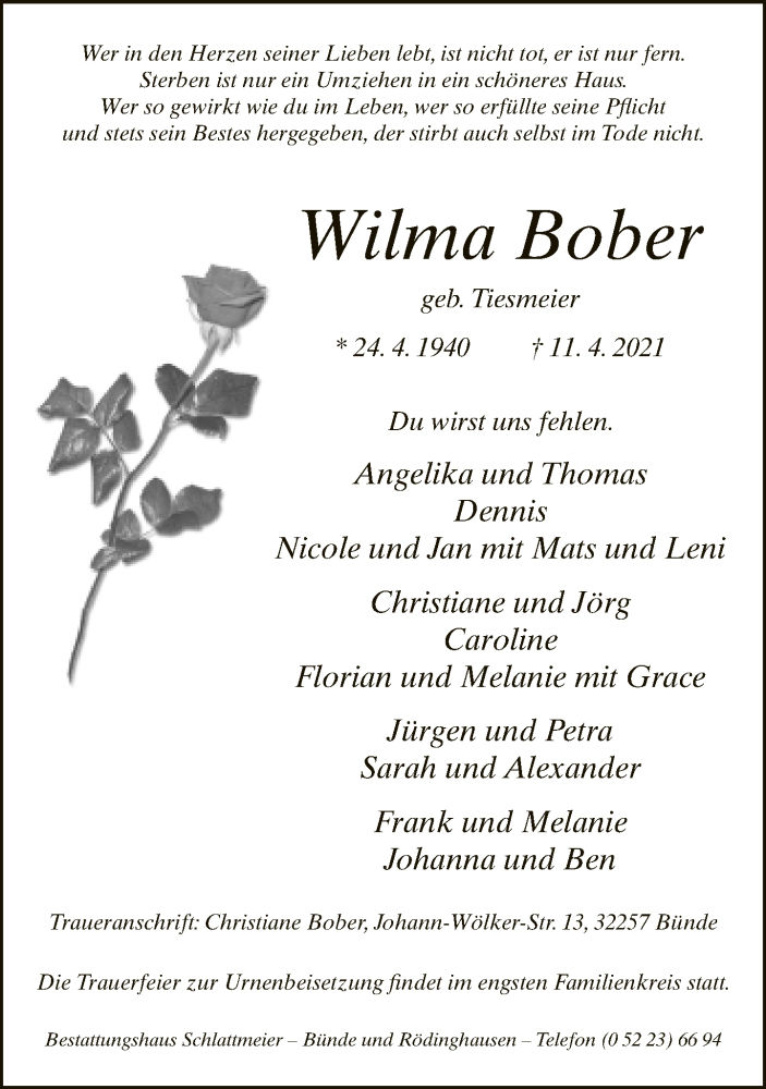  Traueranzeige für Wilma Bober vom 17.04.2021 aus Neue Westfälische