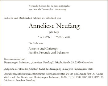 Traueranzeige von Anneliese Neufang von Neue Westfälische