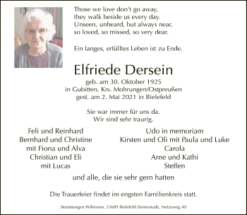Traueranzeige von Elfriede Dersein von Neue Westfälische