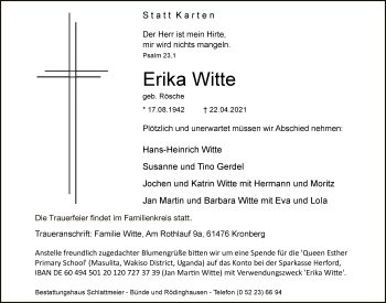 Traueranzeige von Erika Witte von Neue Westfälische