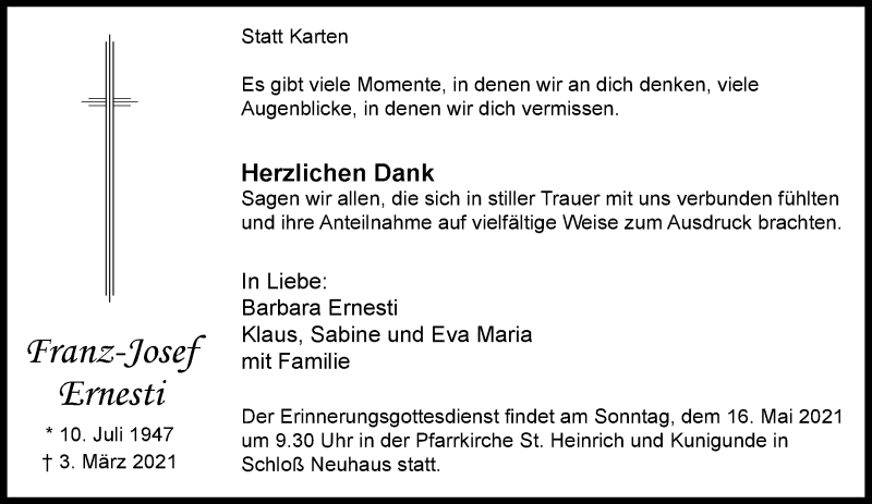  Traueranzeige für Franz-Josef Ernesti vom 01.05.2021 aus Neue Westfälische