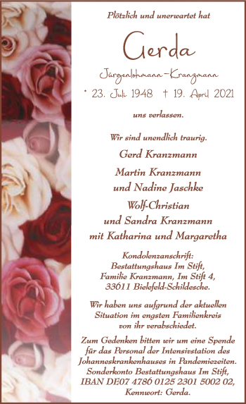 Traueranzeige von Gerd Kranzmann von Neue Westfälische