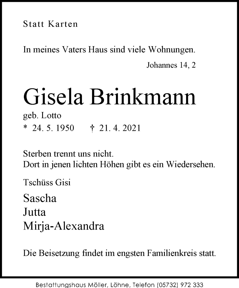  Traueranzeige für Gisela Brinkmann vom 01.05.2021 aus Neue Westfälische
