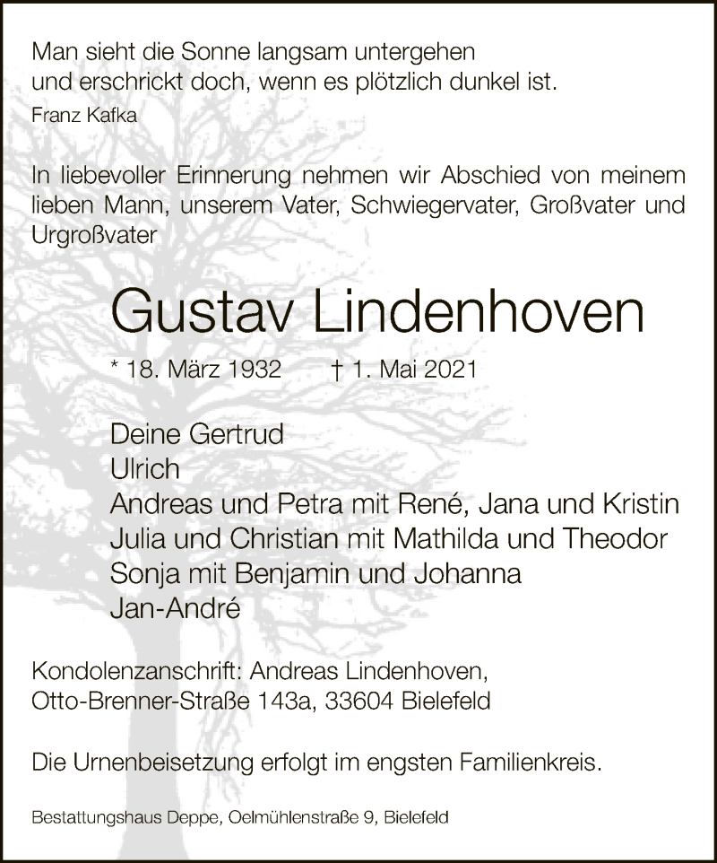  Traueranzeige für Gustav Lindenhoven vom 08.05.2021 aus Neue Westfälische