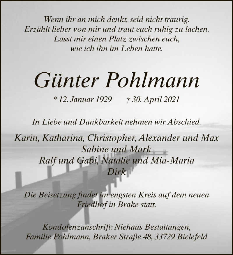  Traueranzeige für Günter Pohlmann vom 08.05.2021 aus Neue Westfälische