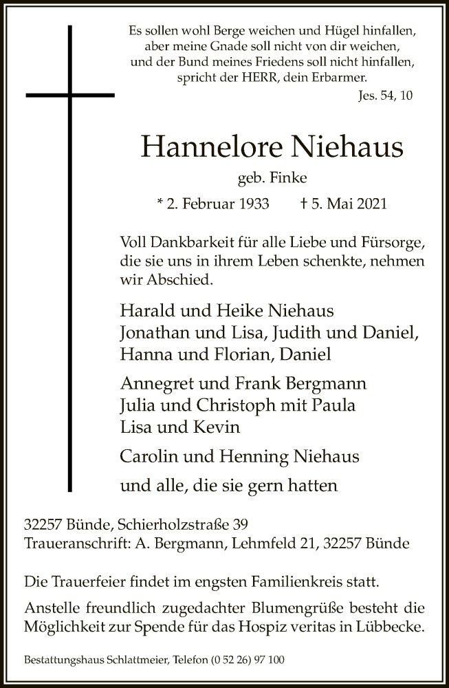  Traueranzeige für Hannelore Niehaus vom 08.05.2021 aus Neue Westfälische