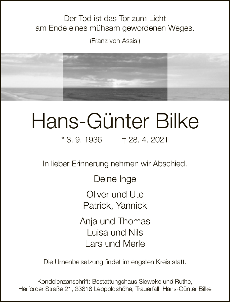  Traueranzeige für Hans-Günter Bilke vom 01.05.2021 aus Neue Westfälische
