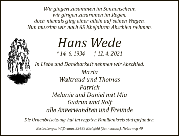 Traueranzeige von Hans Wede von Neue Westfälische