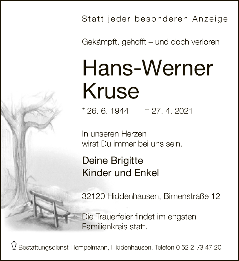  Traueranzeige für Hans-Werner Kruse vom 01.05.2021 aus Neue Westfälische
