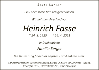 Traueranzeige von Heinrich Fasse von Neue Westfälische