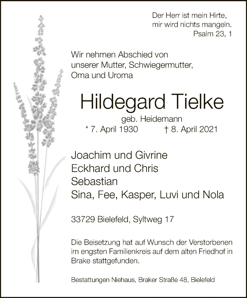  Traueranzeige für Hildegard Tielke vom 08.05.2021 aus Neue Westfälische