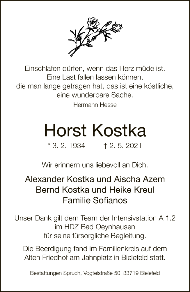  Traueranzeige für Horst Kostka vom 08.05.2021 aus Neue Westfälische