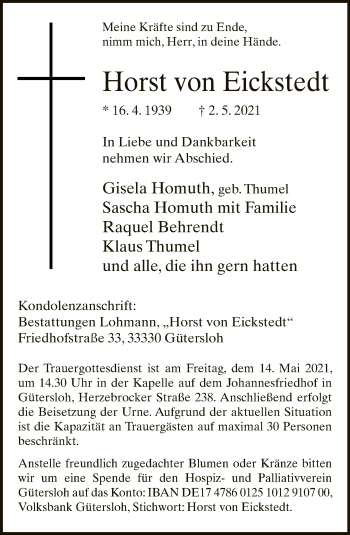 Traueranzeige von Horst von Eickstedt von Neue Westfälische