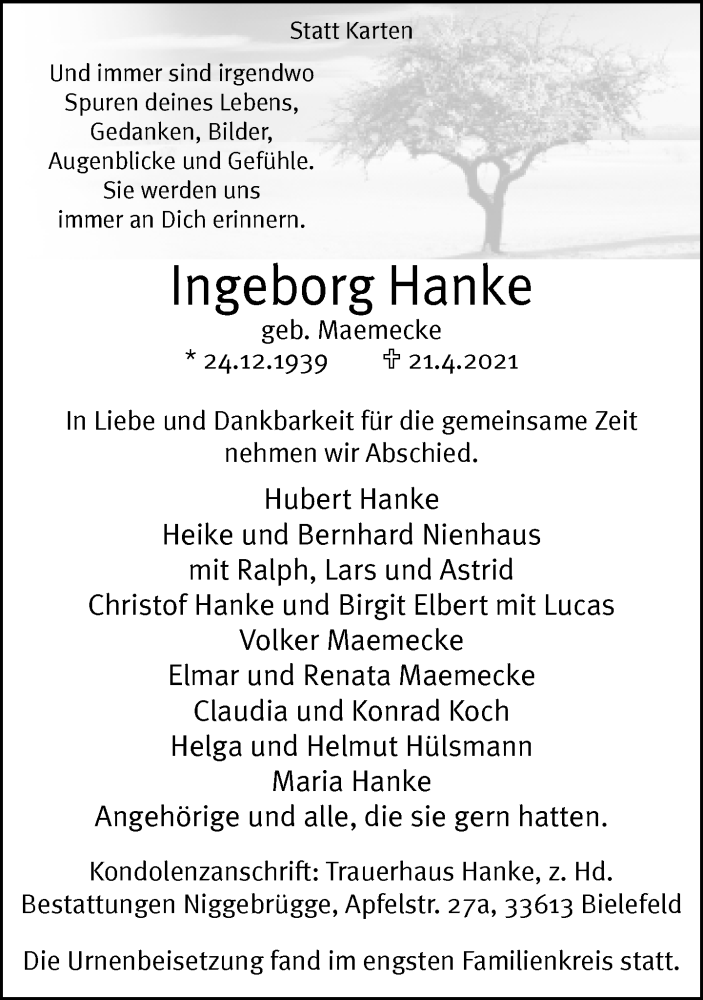  Traueranzeige für Ingeborg Hanke vom 08.05.2021 aus Neue Westfälische