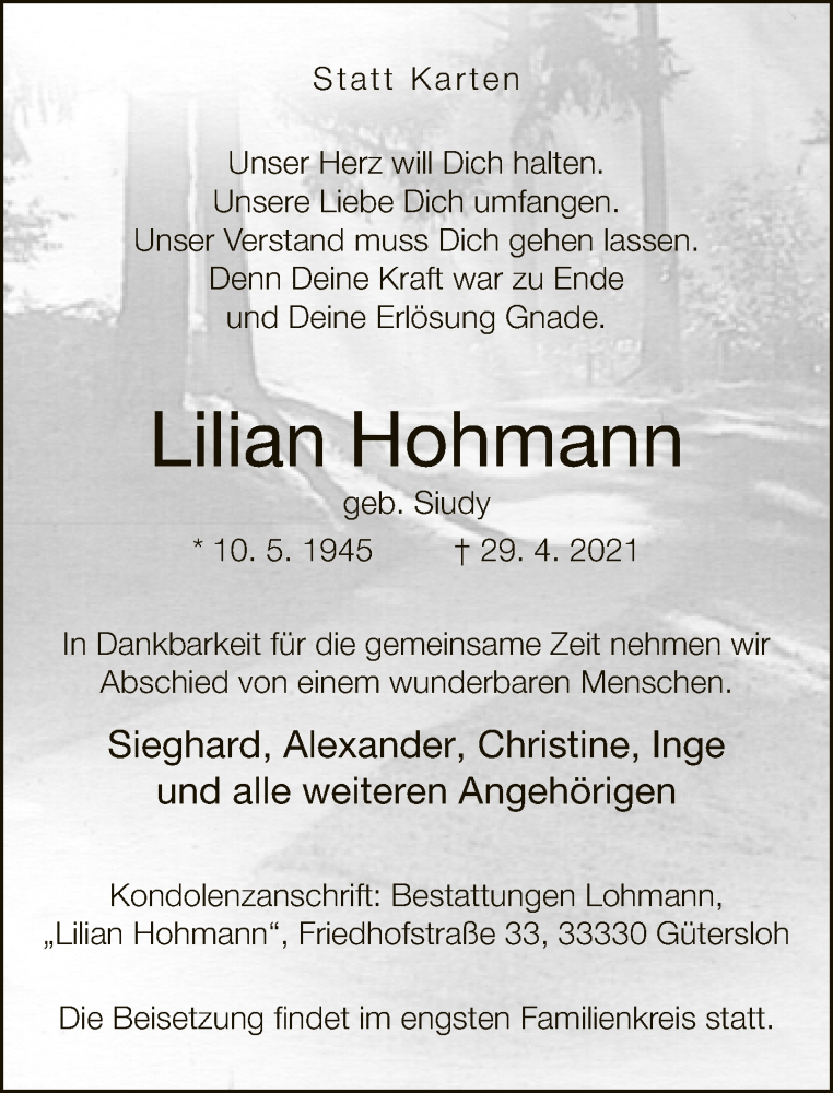  Traueranzeige für Lilian Hohmann vom 08.05.2021 aus Neue Westfälische