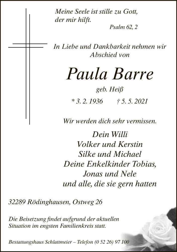  Traueranzeige für Paula Barre vom 07.05.2021 aus Neue Westfälische