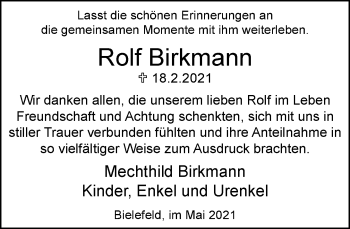 Traueranzeige von Rolf Birkmann von Neue Westfälische