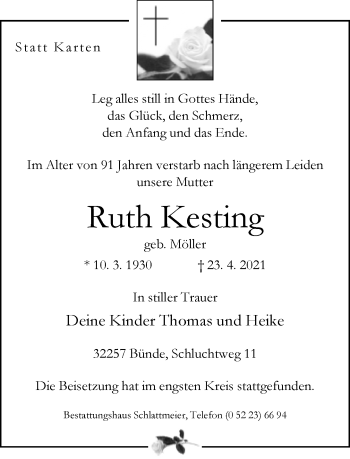 Traueranzeige von Ruth Kesting von Neue Westfälische