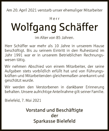 Traueranzeige von Wolfgang Schäffer von Neue Westfälische