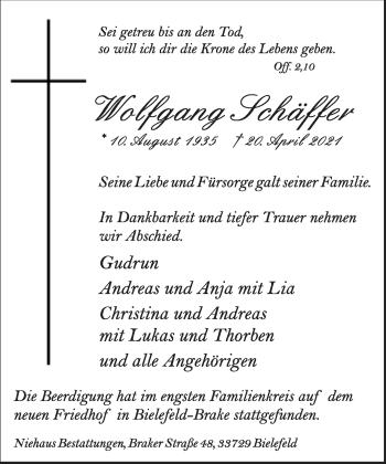 Traueranzeige von Wolfgang Schäffer von Neue Westfälische