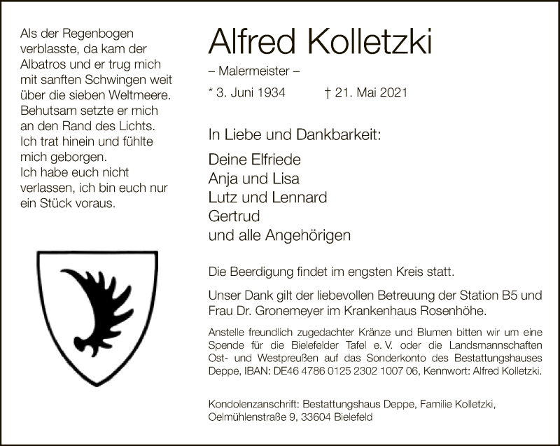  Traueranzeige für Alfred Kolletzki vom 29.05.2021 aus Neue Westfälische