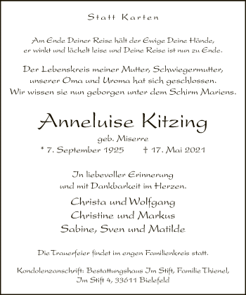 Traueranzeige von Anneluise Kitzing von Neue Westfälische