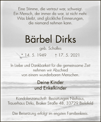 Traueranzeige von Bärbel Dirks von Neue Westfälische