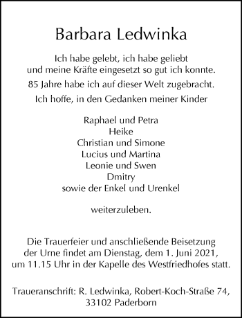 Traueranzeige von Barbara Ledwinka von Neue Westfälische