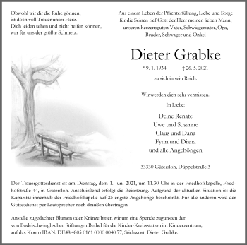 Traueranzeige von Dieter Grabke von Neue Westfälische