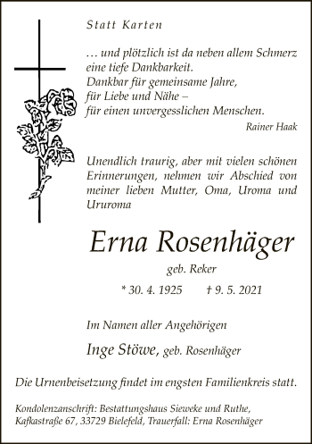 Traueranzeige von Erna Rosenhäger von Neue Westfälische